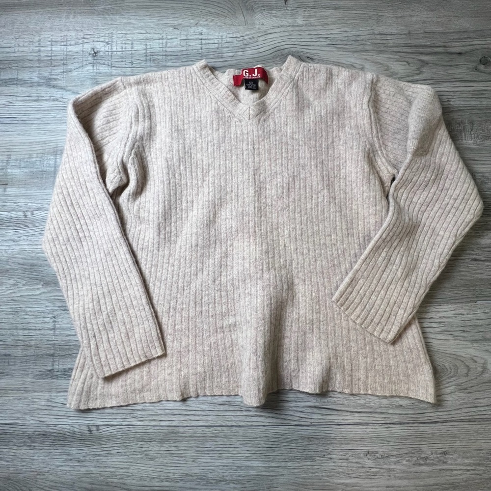 Guess Jeans V-Neck Sweater Womens XXL Beige Lambswool Ribbed Knit Vintage‎ V73
